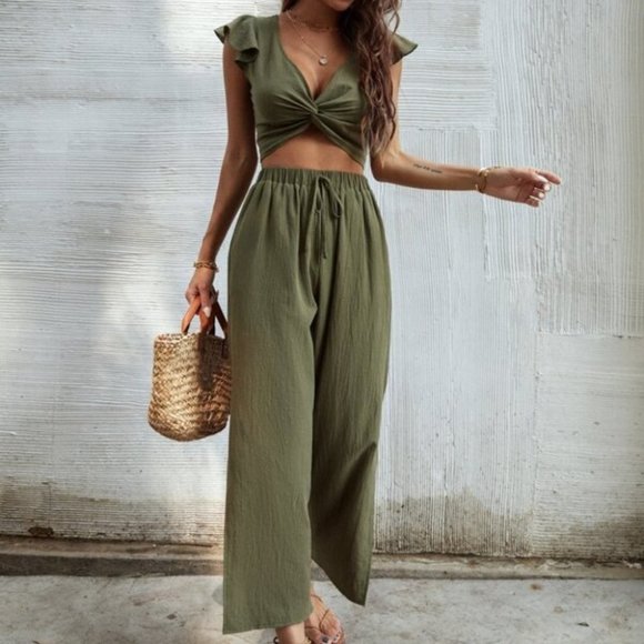 undefined Pants - OLIVE Ruffle Trim Twist Top With Pants
